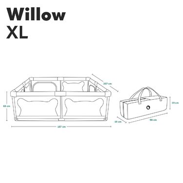 LIONELO WILLOW XL Playpen for Baby, suitable from 0-48 months, large area 187 cm x 207 cm x 68 cm, baby playpen with breathable mesh side panels, 2 side entrances with a zipper.