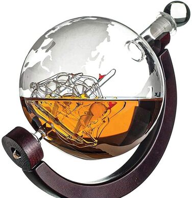 MikaMax - Globus Decanter Set - Whiskey Decanter - with two glasses - Whiskey set - Funnel included - Handcrafted - Transparent - 850 ML - Airtight closure - Men's gift