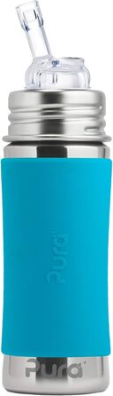 Pure stainless steel bottle with silicone straw & sleeve, aqua (plastic, BPA-free, non-toxic, certified)