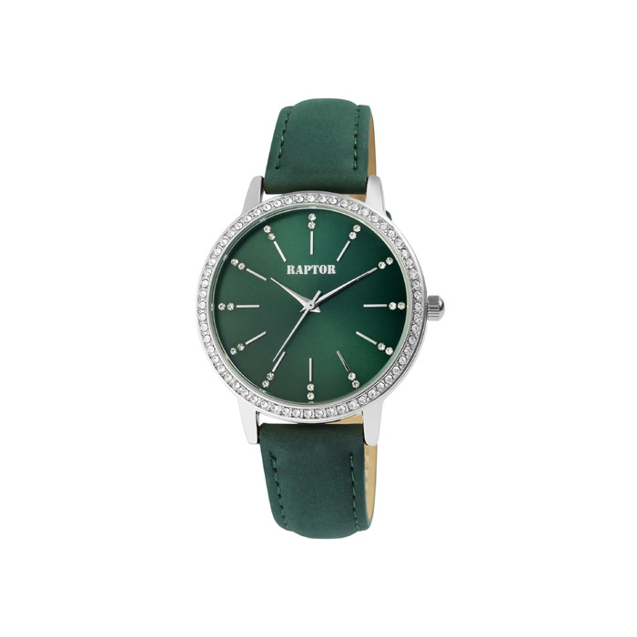 Жіночий наручний годинник Raptor elegant з блискітками, сріблястий корпус та чорний шкіряний ремінець