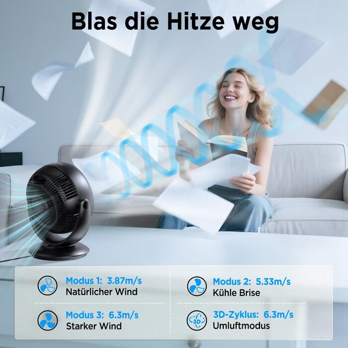 Вентилятор EasyAcc тихий, 25dB, настільний, з авто-осциляцією 90°, 3D Turbo, з пультом, 3 швидкості, таймер 2-12 годин, для спальні - чорний