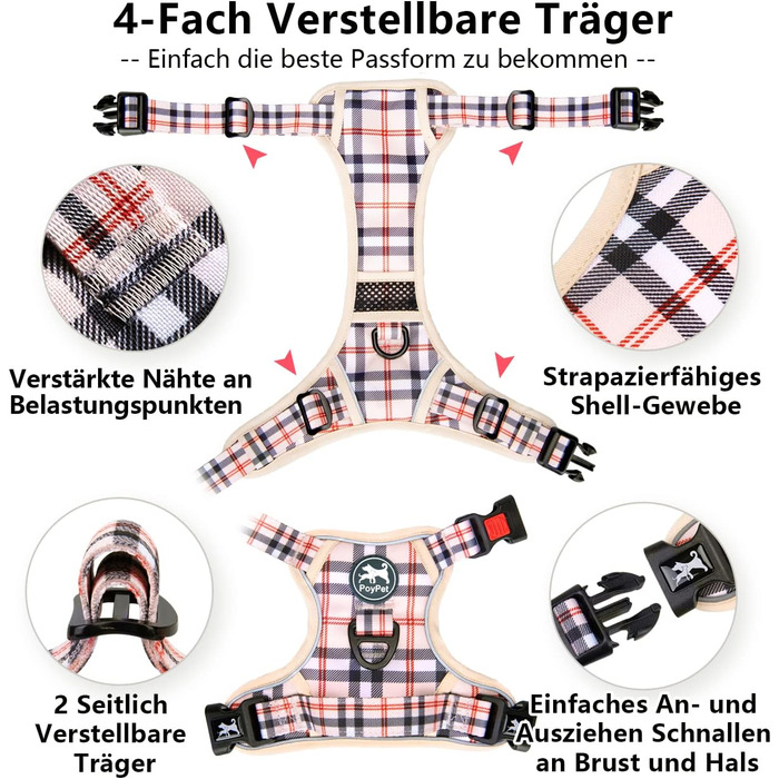 Нашийник для собак PoyPet без натягу, світловідбиваючий, м'який, з легким доступом, для маленьких собак (S, в клітинку, бежевий)