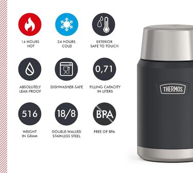 Термос ICON Food Jar 0,71 л, темно-сірий/графітовий мат, контейнер для їжі 710 мл, з подвійних стінок з нержавіючої сталі 18/8, зберігає тепло та холод, з відкидним ложкою, неслизьке дно, абсолютно герметичний