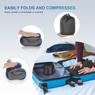 Подушка для шиї Eono з піною Memory Foam, ергономічна, для подорожей, з маскою для сну та навушниками, сумка, темно-синій