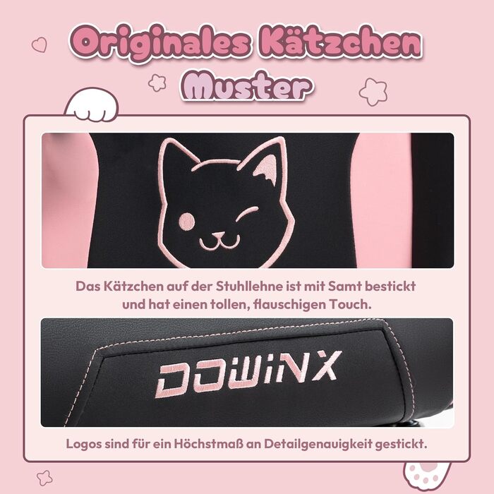 Ігрове крісло Dowinx «Мила кішка» – ергономічне комп'ютерне крісло з високою спинкою, підтримкою попереку, PU-шкіра, підніжка, чорне, стиль «чорний кролик»