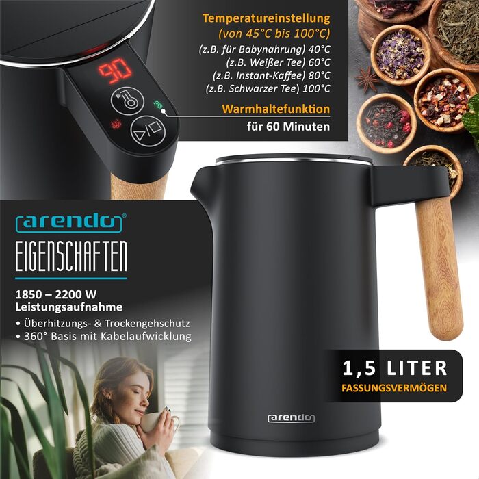 Електричний чайник Arendo з регулюванням температури, 1.5л, нержавіюча сталь, подвійні стінки, BPA Free, функція підтримки тепла, чорний матовий (Set 1)