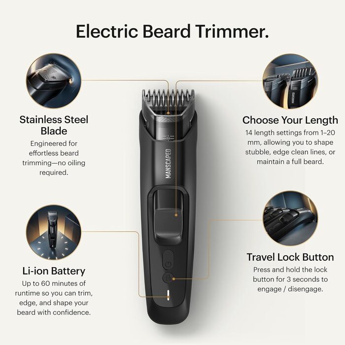 Триммер для бороди та вусів MANSCAPED® The Beard Hedger® Plus: професійний, бездротовий, водонепроникний, з насадками (1-20 мм), USB-C