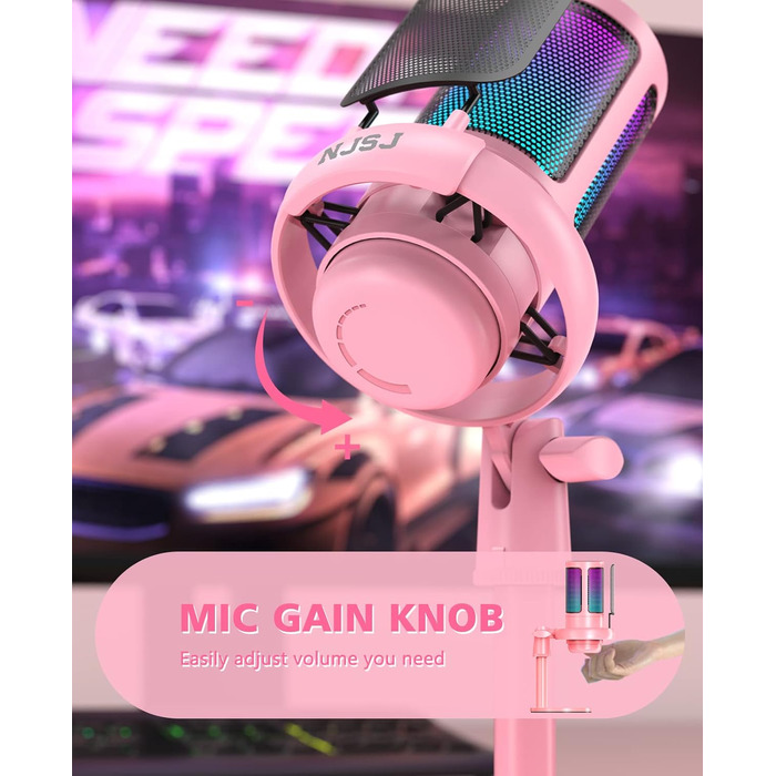 Мікрофон для ПК NJSJ Gaming з тримачем, USB мікрофон для Mac, PS4, PS5 (рожевий) з кнопкою вимкнення звуку, навушниками, поп-фільтром, кардіоїдний конденсаторний мікрофон для подкастів та стрімінгу