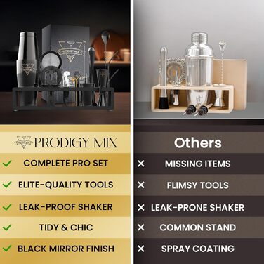 Prodigy Elite Mixology Set - 20-Piece Boston Cocktail Shaker Set with Stand | Stainless Steel Bar Accessories & Bonus Recipes