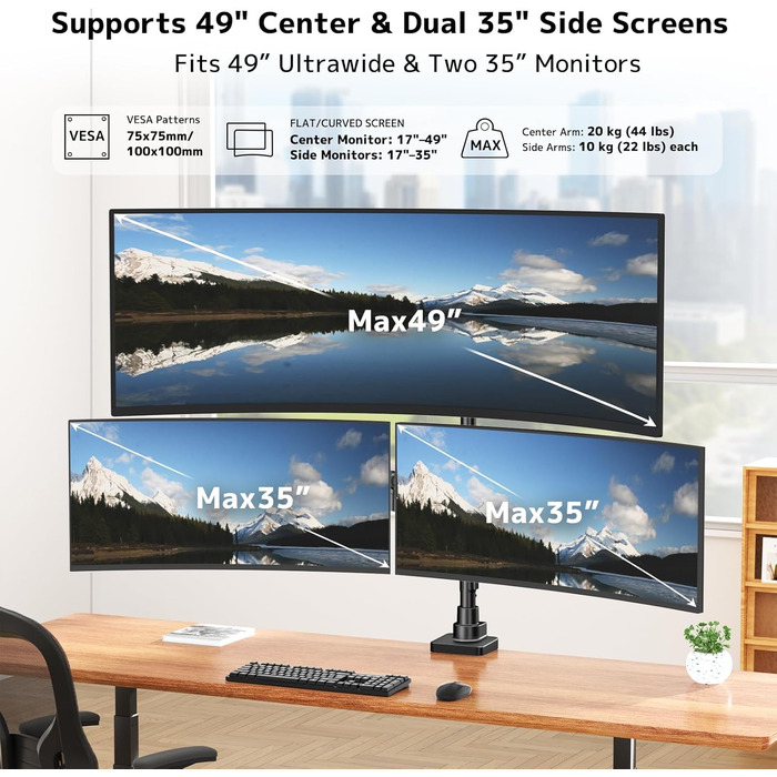 Тримач для монітора на стіл для 3 моніторів, регульована висота, 80 см, до 20 кг