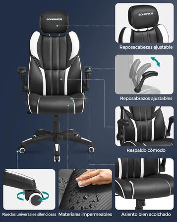Крісло офісне SONGMICS, геймінгове, регульована підголовник, функція гойдання, регульовані підлокітники, універсальні ролики, регулювання висоти, OBG65BK (чорно-біле)