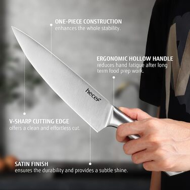 Набір кухонних ножів Hecef (3 шт) з нержавіючої сталі, сріблястого кольору, з порожнистим руків'ям, з захисними піхвами