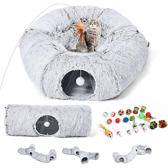 Odoland Cat Tunnel - Large Cats, Foldable Cat Tunnel with Play Ball Cat Bed, Multifunctional Crinkle Tunnel Cat Cave Interactive Toy for Indoor Kittens