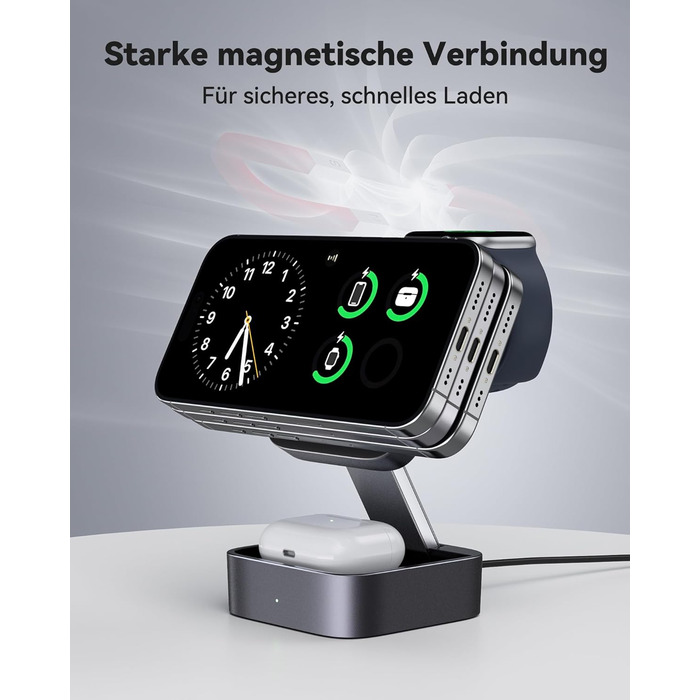 База для зарядки 3-в-1 для Apple: магнітна складна бездротова зарядка з MagSafe для iPhone 17/16/15/14/13/12, Apple Watch та AirPods Pro/4/3/2, чорний