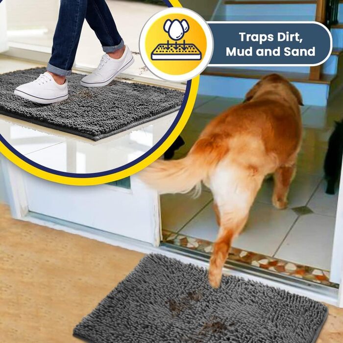 Килимок Muddy Mat® для підлоги та домашніх улюбленців, суперпоглинаючий мікрофібра, нековзний, товстий, праний, для кухні, ванної, спальні, приміщення й вулиці, сірий, розмір M, 76,2x48,3 см