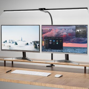 Світлодіодна лампа настільна для офісу та дому, світло для монітора, 1400 люмен, регульована яскравість, кріплення-затискач, лампа для робочого місця, гусяча шия, подвійний насадки, 5 режимів кольору та рівнів яскравості, білий колір (чорний, 80 см)