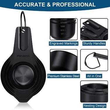 Wildone 21 black measuring cups and spoons, including 7 stainless steel measuring cups, 8 double-sided measuring spoons, 1 leveler, and 5 mini spoons.