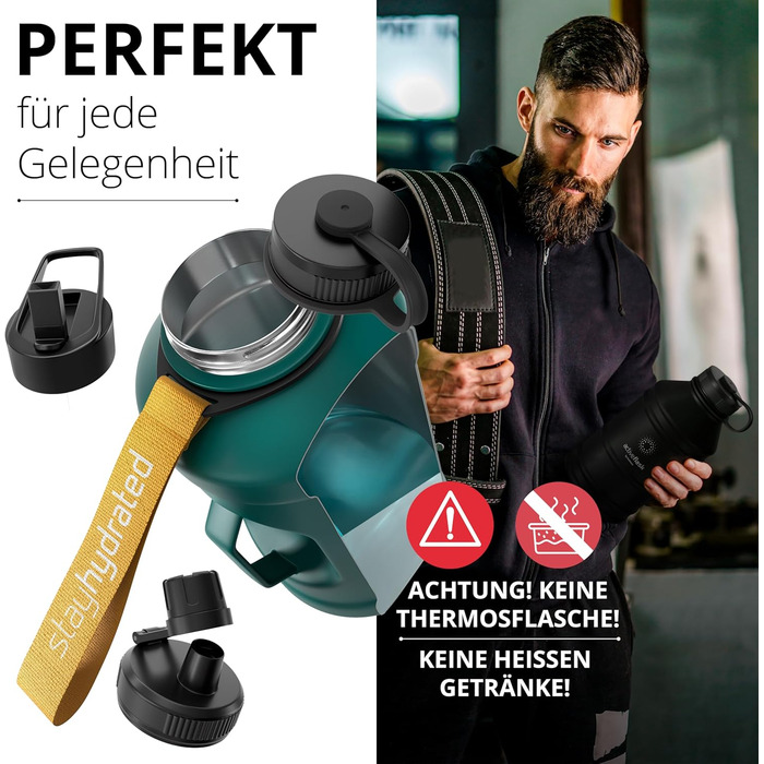 Спортивна пляшка з нержавіючої сталі ACTIVE FLASK 1,3 л, BPA-free, з трубочкою, 3 кришки, герметична, підходить для газованої води, темно-бірюзова, для спорту, фітнесу, аутдору