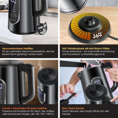 KESSER® Stainless Steel Kettle 1.7 Liter | LED Display | 4-Mode Temperature Setting 40°C-100°C | 30-Minute Keep Warm | Electric Tea Kettle 2200W BPA-Free | Scale Filter & Easy-Open Lid, (Black)