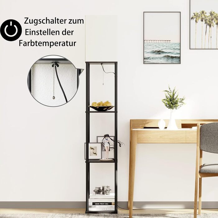 Стійка лампа з полицею для вітальні у стилі вінтаж, чорна. Металева підлога, 3 режими кольору, тканинний абажур, вимикач на ніжці. Ідеальна для вітальні, спальні, офісу.