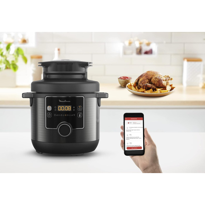 Moulinex Turbo Cuisine & Fry CE7788-2 in 1: Electric pressure cooker and air fryer up to 1450 W power, non-stick coated, 15 automatic programs, timer, accessories, black