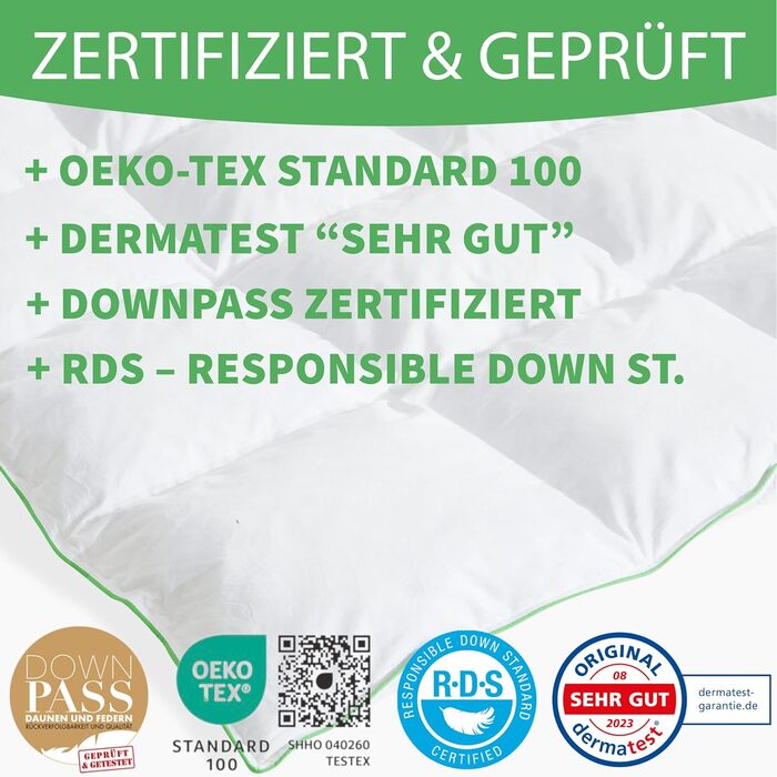 Ковдра Welldora Komfort 155x220, 100% пух та перо, 2 штуки, для алергіків, сертифікат Oeko-Tex, чотири сезони (літо/зима), перевірено лікарями, екологічна, для комфорту та здоров'я