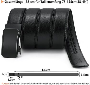 Чоловічий шкіряний ремінь LionVII з автоматичною пряжкою - 3,5 см, регульований, для відпочинку та ділових зустрічей, можна підігнати під обхват 75-125 см, чорний – Kraft