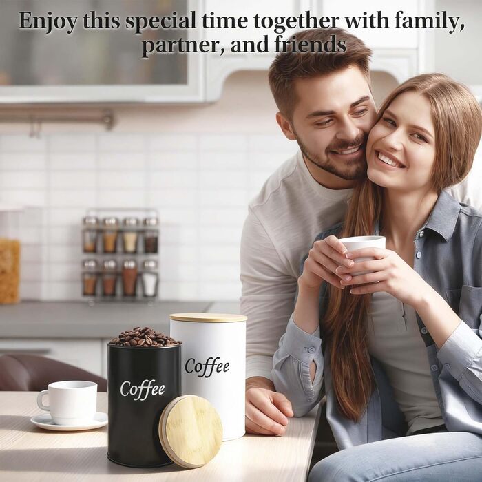 Набір з 2 кавових контейнерів (чорний та білий), 1000 мл, бамбукові кришки, для кавових зерен, меленої кави та капсул – подарунок для пар та поціновувачів кави