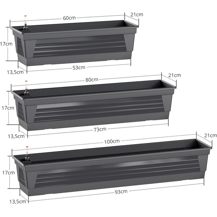 Plastard Milano Flower Box Set of 3, 60 cm long, Anthracite color with water reservoir and water level indicator. Planting box for garden and balcony, weather-resistant for indoor and outdoor use.