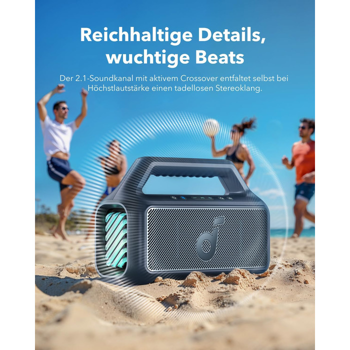 Soundcore Boom 2 - портативна Bluetooth колонка, 80W, сабвуфер, LED-підсвічування, IPX7, 24h, USB-C, BT 5.3, для кемпінгу, пляжу, саду (блакитна)