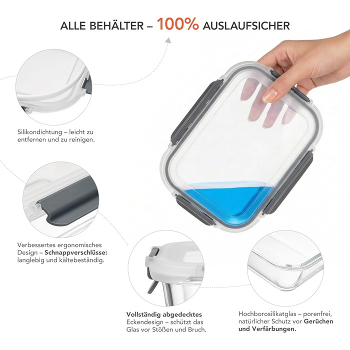 Скляні контейнери для зберігання їжі з кришками набір Frischhaltedosen: Meal Prep, мікрохвильова піч, морозилка, посудомийка, сірі