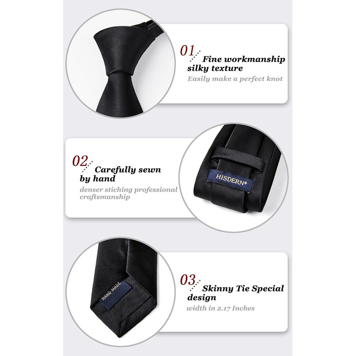 Чорний крават з кишеньковим хустиною HISDERN для вечірки, весілля та бізнесу