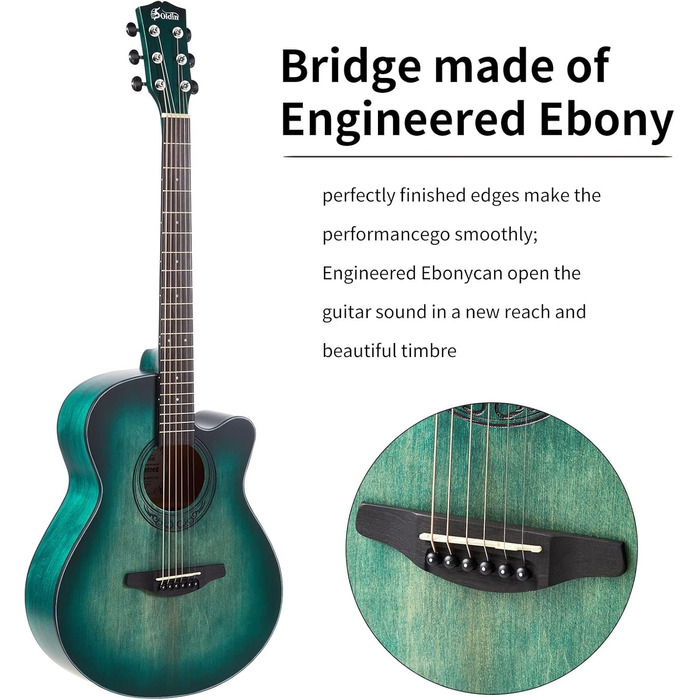 Акустична гітара Soldin 40 дюймів Premium з масивної соснової верхньої деки. Комплект: чохол, підставка, тюнер, ремінь, каподастр, струни, серветка, медіатори (Nilblau)