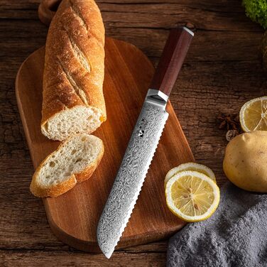 Bread Knife Wavy Edge Damascus Bread Slicing Knife with Extremely Sharp 20 cm Blade Made of 67 Layers VG-10 Damascus Steel, Wooden Handle, Gift Box