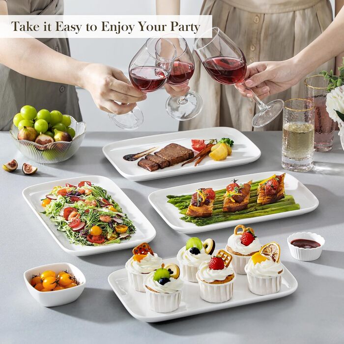 MALACASA Porcelain Serving Platter, Serving Tray 4-Piece Set, Rectangular Large Serving Platter for Buffets, Sushi, Cakes, Appetizers at Home/in Restaurant, 30 x 18 cm White (White, 4-Piece)