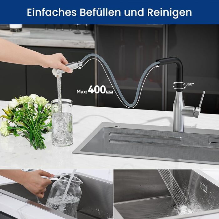 Кран кухонний висувний CECIPA, 360° поворотний, чорний, з витяжним виливом, міцний, без витоків, проста установка, з домішувачем для раковини (щіткова поверхня & чорний колір)