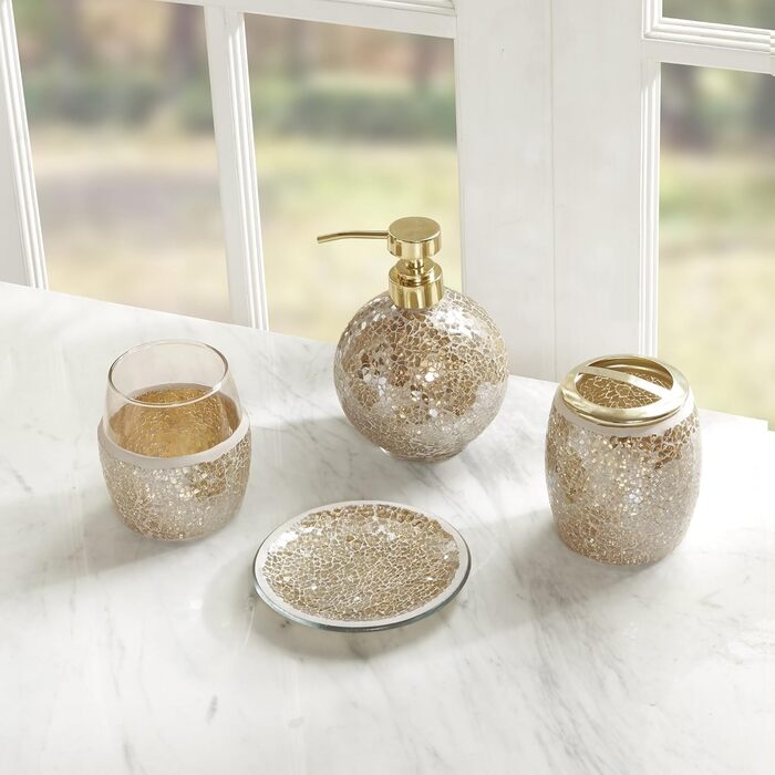 Madison Park Mosaic Bathroom Accessory Set, 4-Piece Bathroom Accessory Set with Gold Soap Dispenser, Toothbrush Holder, Tumbler, and Ring Dish