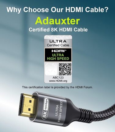 HDMI 2.1 кабель Adauxter 2 метри: 8K, 48Gbps, eARC, HDCP2.3, HDR10+, для PS5, X-Box, PC, TV, монітор