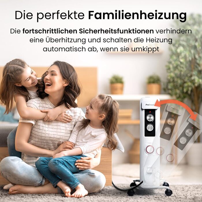Pro Breeze 2500W Oil Radiator with 11 Heating Ribs, Electric Heater, 24h Timer, Energy-Saving Oil Radiator, 3 Heating Levels, Adjustable Thermostat & Safety Shut-Off Function White