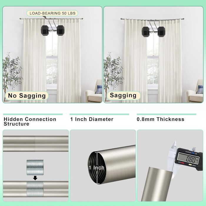 Штанга для штор Warmgold, діаметр 2,5 см, регульована затемнююча штанга, алюмінієві кінці та кріплення, 71–381 см (2 шт. 71–218 см, полірована нікель)