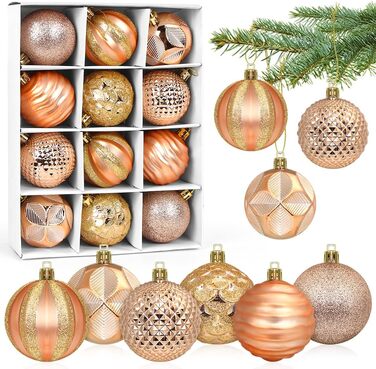 Новорічні кулі для ялинки, пластик, 6 см, набір 12 шт. (рожево-золотий)