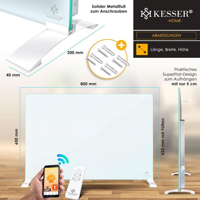 Інфрачервовий обігрівач KESSER® з функцією 2 в 1: підлоговий та настінний. Енергозберігаючий склокерамічний обігрівач з дистанційним керуванням, термостатом, детектором відчинених вікон та керуванням через додаток. Потужність 500W, білий колір.