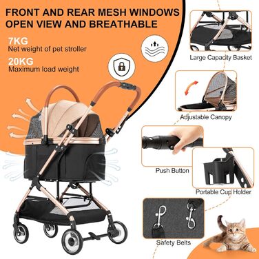 3 в 1 візок для собак з знімним сидінням для подорожей, бутка для собак, переносна сумка, складаний, візок для домашніх тварин, до 20 кг (Хакі)
