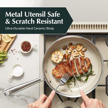 Набір сковорідок Redchef з антипригарним покриттям Ceramic, 3 шт., 20+26+30 см (чорний), 20+24+28 см (бежевий). Без PFOA, PTFE, PFAS. Можна мити в посудомийній машині та використовувати в духовці.