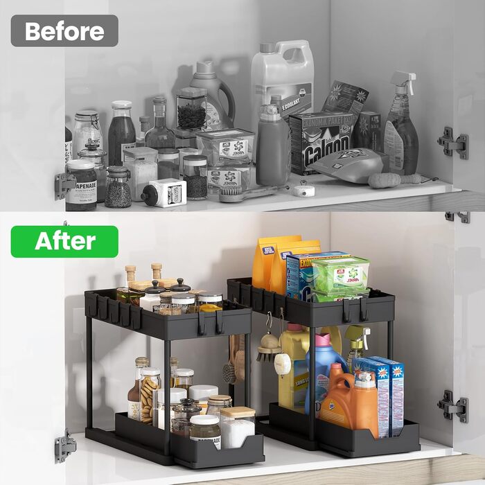 Dish Cabinet Organizer - 2 Pack Under Sink Shelf Organizer - Pull Out Storage Shelf Organizer with 16 Hooks, Black