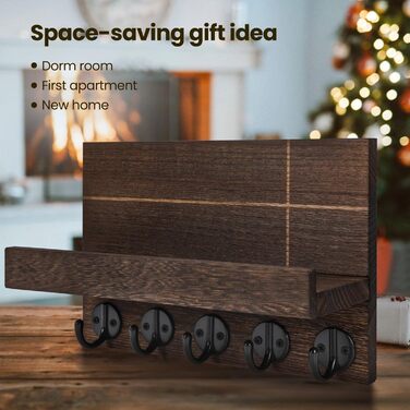 Wall-Mounted Key Holder – 24.9 x 17 x 10.7 cm, Decorative Wall Shelf with Hooks for Keychains, Dog Leash, Wallet, Purse – Real Paulownia Wood, Entryway Shelf for