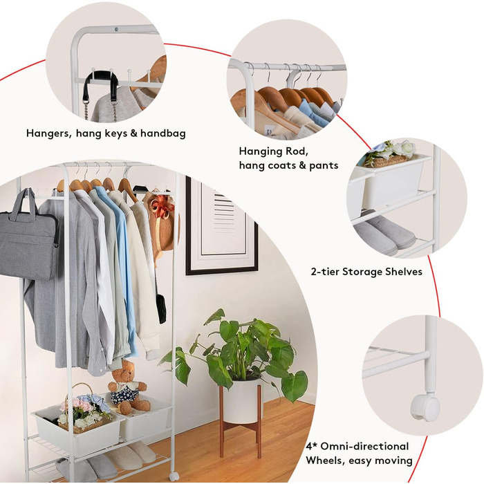 Unho Rolling Garment Rack, Metal Clothes Rack with 2 Shelves for Boxes, with Clothes Rod and Hooks, for Store Bedroom Dressing Room