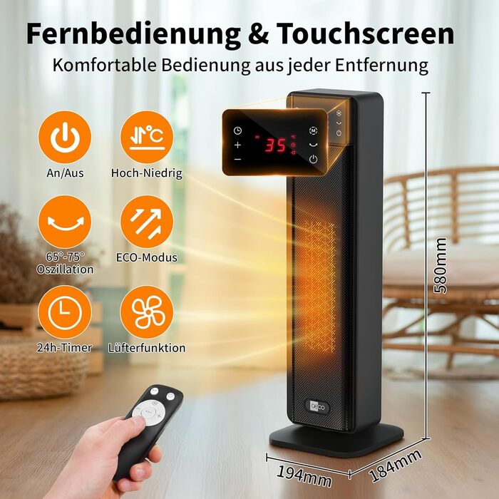 Електричний обігрівач Aeco EcoHeat Boost 58 см з пультом керування, 2000 Вт, LED ECO-режим, таймер 24 год, 4 режими, тиха кераміка, термостат, захист від перегріву та перекидання, осциляція. Smart Tower ECO