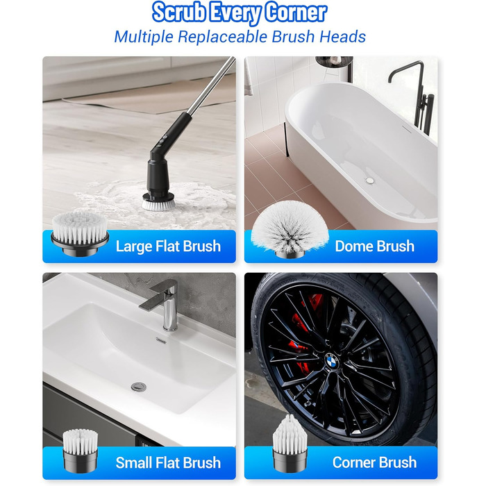 Electric Cleaning Brush, 12-in-1 Electric Spin Scrubber Cordless with 8 Replaceable Brush Heads, Electric Scrub Brush with Adjustable Handle for Bathroom, Kitchen, Tiles, Floors, Car (White) (8 in 1, Black)