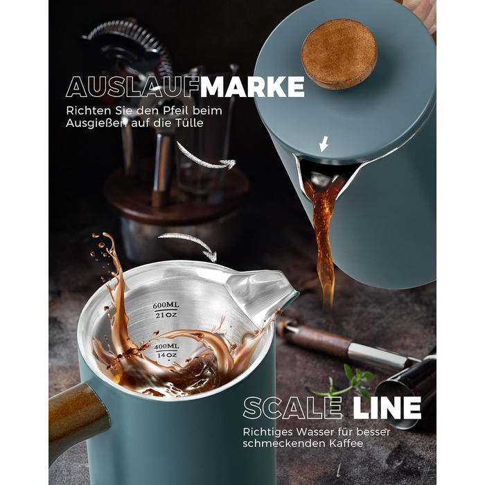 Poliviar French Press Coffee Maker 600 ml/21oz, Double-Walled Insulated Coffee Pot and Teapot, Manual Filter Coffee Press with Plunger & Wooden Handle, JX2024-SFPLN-DE 600ml Green - Cracked